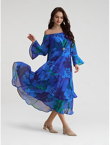 Robe longue en mousseline de soie pour invités de mariage, bleu royal, motif floral, épaules dénudées, manches longues