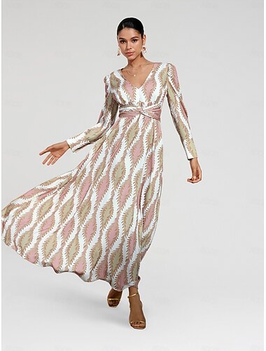 Femme Ourlet Maxi Satiné Maxi Robe Maxi SAUMON Blanche manche longue Modèle de plantes Fleur / Plantes Bouton plante Printemps Col V Robe volante S M L