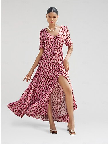 Femme Vêtements de villégiature robe longue Rose Claire Manche Courte Géométrique Cordon Printemps été Col V vacances à la plage XS S M