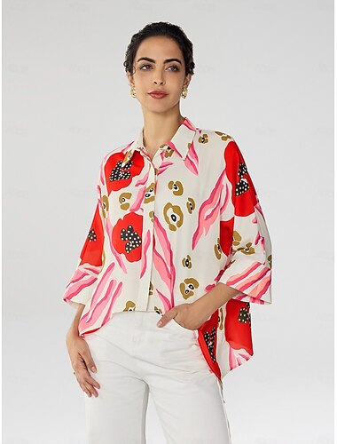 chemise à manches magyares à fleurs, col à ourlet irrégulier, chemise décontractée pour tous les jours