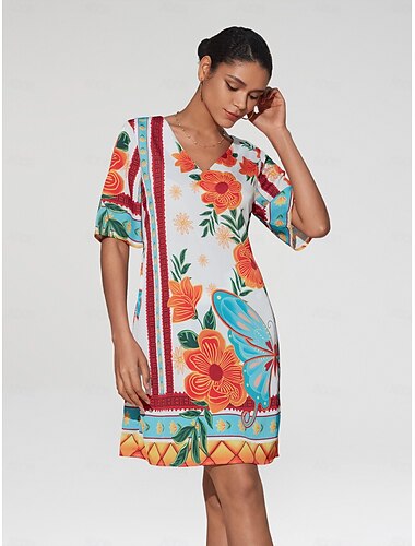 Femme Robe imprimée Mini robe Orange Demi Manches Fleurs Style floral Imprimé Eté Col V Robes Vacances XS S M