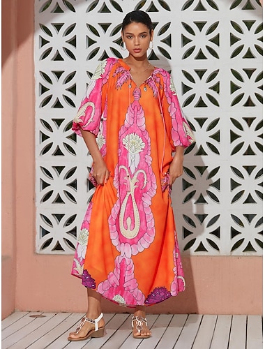 Femmes Ourlet Maxi Robe maxi Orange Demi Manches Plantes Cordes Été Col en V Robes Vacances XS S M