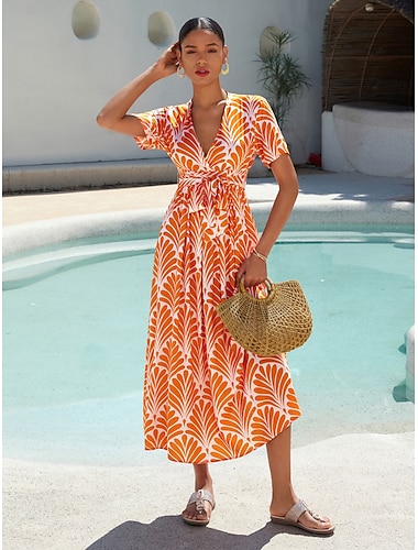 Damen Midi-Kleid Maxikleid Orange Kurzarm Geometrisch Mit Gürtel Frühling & Sommer V Ausschnitt Musterkleid S M L