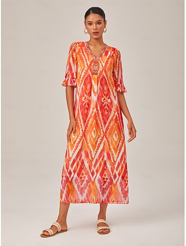 Dame Midi kjole Midikjole Oransje Kortermet Folk Printer Vår sommer V-hals mønster kjole S M L