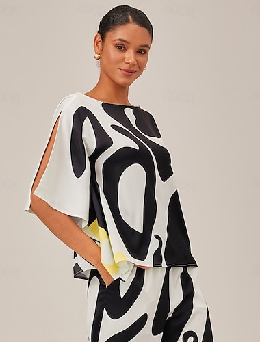 Camisa de seda satinada, blusa gráfica holgada con mangas magyar