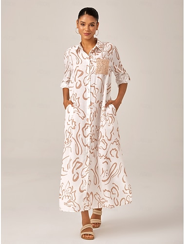 Damen Hemdblusenkleid Druckkleid Maxikleid Marineblau Aprikose Kurve Tasche Ärmel hochkrempeln Pailletten Sommer Hemdkragen Alltagstauglich S M L