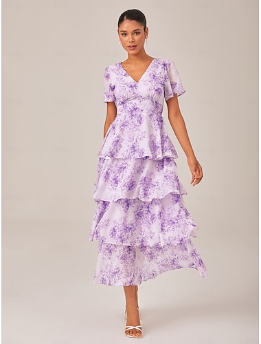 Robe longue violette en mousseline légère à col en V pour femme, élégante, formelle, pour destination, mariage, invité, printemps, été