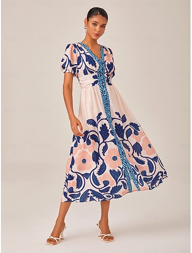 Abito lungo da donna, ampio, da resort, con stampa floreale, manica corta, arcobaleno, primavera ed estate, scollo a V, vestito da vacanza