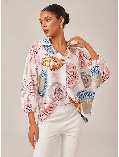 Mulheres Feminino Camisa casual oceano Criaturas marinhas Casual férias na praia Bispo Rosa Imprimir Arte Gráfica Manga Longa Elegante Boêmia Férias Colarinho de Camisa Verão