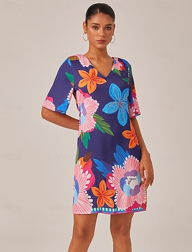 Femmes Robe Imprimée Mini Robe bleu marine Demi Manches Fleurs Style Floral Impression Été Col en V Robes XS S M