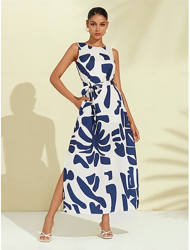 Damen Casual kleid Lockeres Kleid Schwarz Weiß Ärmellos Blumen Pflanzen Bedruckt Lose Frühling Sommer Runden Casual Brautkleider schlicht Urlaub S M L