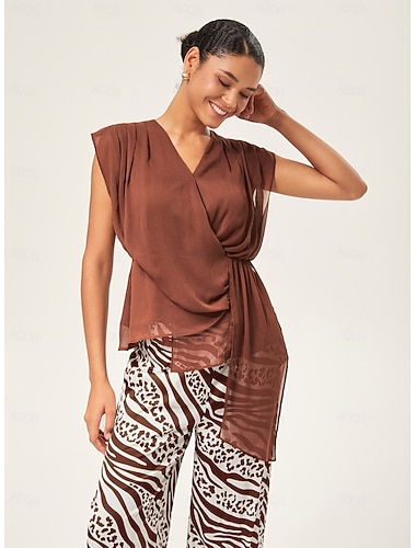 Top da donna scollo a V asimmetrico senza maniche in chiffon fodera morbida pieghe invertite orlo fluido casual elegante primavera estate autunno