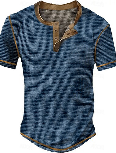 Herre Vaffel Henley-skjorte T-skjorter Kortermet Rutet Mote Designer Bekvem Knapper Henley Avslappet Daglig utendørs Sommer Blå Svart Hvit Henley T-skjorte