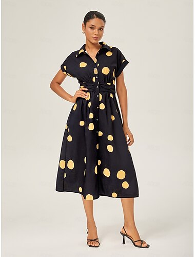 Mulheres Feminino Vestido casual Preto Manga Curta Bolinhas Verão Colarinho de Camisa Férias XS S M