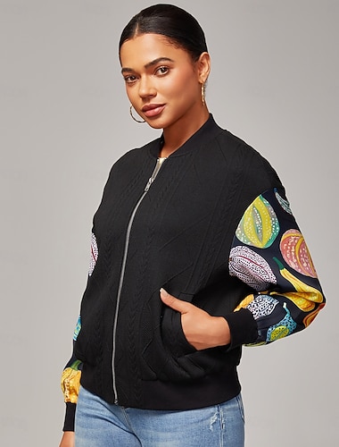 jaqueta bomber feminina casual street patchwork estampa abóbora micro - tecido texturizado elástico preto poliéster elastano