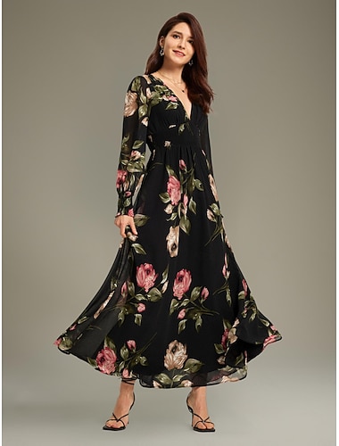 Mujer Vestido de raso Vestido de una línea dobladillo maxi vestido largo vestido largo Negro Manga Larga Floral Flores y plantas Patrón de plantas Frunce Estampado Verano Primavera Primavera y verano