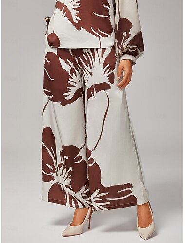 Calça feminina de cetim com estampa floral abstrata e cintura elástica, perna larga, primavera outono