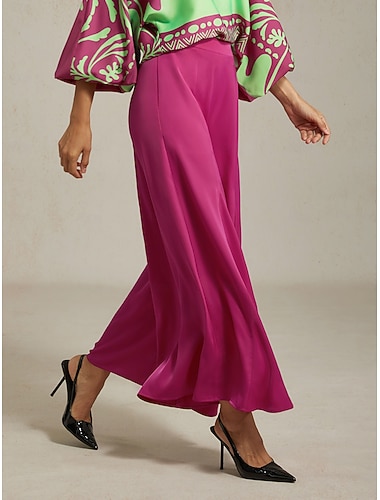 Per donna Gamba larga Lunghezza intera Raso Tasca Pantaloni Casual Quotidiano Weekend Rosso rosa Estate S M XL