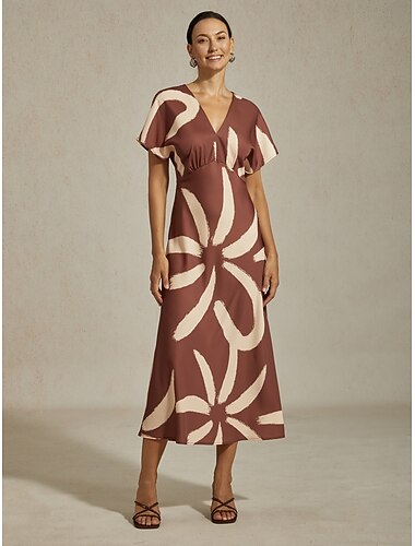 Vestido largo para mujer, color café, con estampado floral abstracto, satén, escote en V, mangas murciélago, cinturón, elegante, informal, para vacaciones, primavera, verano y otoño.