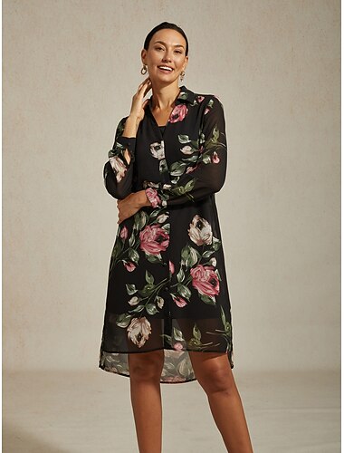 Women's Mini Dress V Neck Shirt Collar Chiffon Black Floral Print Elegant Casual Daily Vacation Spring Fall