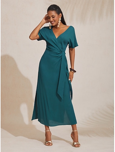 Robe midi portefeuille froncée en lin tencel pour femme orange rouge col en V