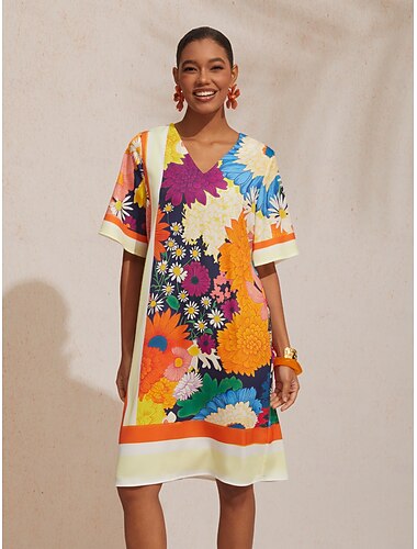 Satin Floral Print Midi Dress Travel Vacation Casual