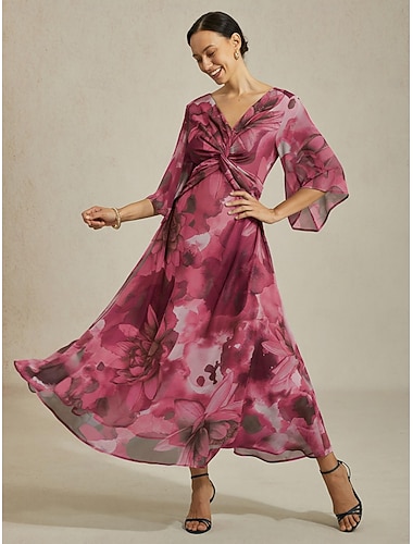 vestido longo feminino com decote em V floral abstrato e manga flare