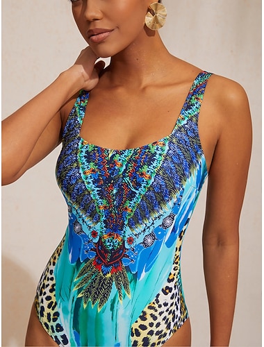 Féminin Maillots de Bain Une Pièce Maillot de bain Coussin amovible Froncé Motif cachemire damassé bohème Bleu Carré Maillots de bain Imprimé nouveau Vacances Tenues de plage Chaussures de plage