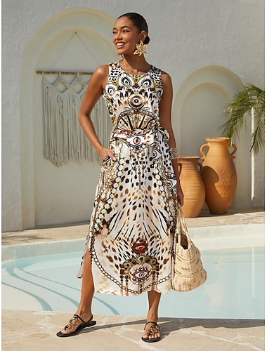 vestido longo de cetim sedoso com estampa de leopardo vintage