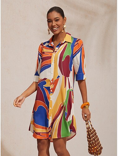 Vacation Geometric Color Block Pattern Straight Satin Shirt Dress