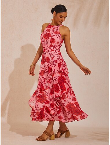 Vestido longo de chiffon fluido com estampa de flores da primavera e cintura marcada.