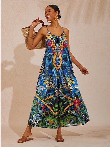 Dschungel-Party-Jumpsuit aus seidigem Satin und Federn