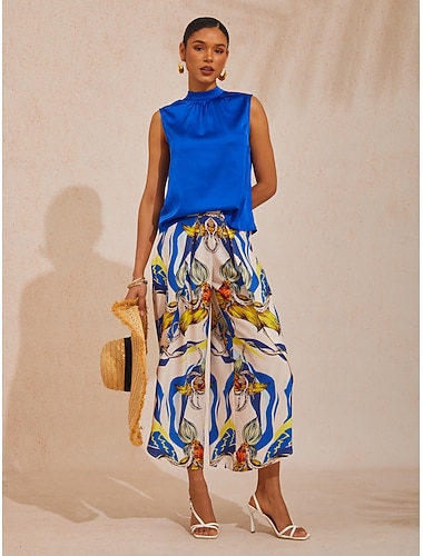 Blusa de gola alta em cetim sedoso azul-oceano orquídea