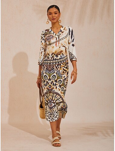 Vestido maxi vintage com estampa de leopardo e alta elasticidade.