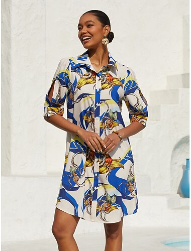 Ocean Blue Orchid Silky Satin Floral Shirt Dress