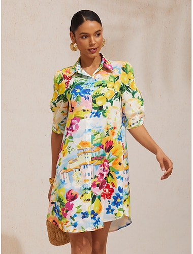 Holiday Citrus Garden Silky Satin Straight Shirt Dress