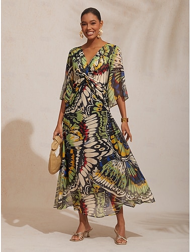 vestido longo de chiffon fluido com estampa de borboleta da selva