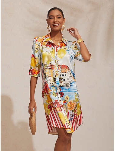 Robe chemise d'été soyeuse à fleurs de Santorin