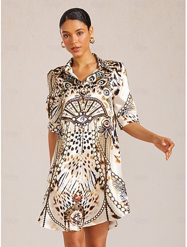 Vintage Leopard Jewelry Silky Satin Straight Shirt Dress