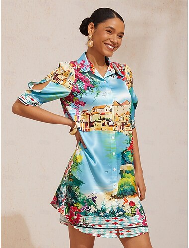 Mallorca Blossom Silky Satin Straight Shirt Dress