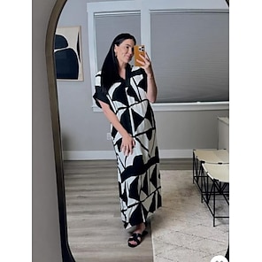 Femmes Blanche Manche Courte Géométrique Noir & blanc Motif Color Block Col en V Ample Double fente Printemps & Été Printemps et été Motif Géométrique Confortable Ample Vacances S M L