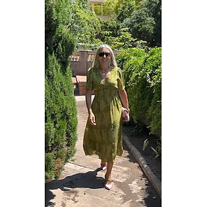 Mujer Vestido elegante Verde Trébol Manga Corta Jacquard Jacquard Primavera verano Escote en Pico Vestido elegante Vacaciones Cita S M L