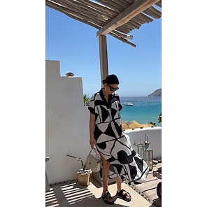 Femmes Blanche Manche Courte Géométrique Noir & blanc Motif Color Block Col en V Ample Double fente Printemps & Été Printemps et été Motif Géométrique Confortable Ample Vacances S M L
