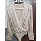 Women's Long Sleeve Blouse Casual Essential Work Top Satin Beige V-Neck Faux Wrap Blouse