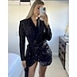 Black Sequin Deep V Wedding Guest/Party/Birthday Long Sleeve Mini Dress Wrap Dress dress to impress 2024