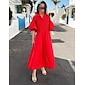 Women's Linen Cotton Shirt Maxi Dress Red Casual Collared Button-Down Loose Fit Puff Sleeve Belted