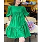 Women's Cotton Knee Length Dress Green Casual Puff Sleeve Crew Neck Summer