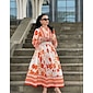 Women's Holiday Dress Loose Satin Maxi Maxi Dress Orange 3/4-Length Sleeve flowers and plants Flower / Plants Printing Spring Spring and Summer Stand Collar V Neck Dresses Vacation Dress Vacation