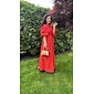 Women's Linen Cotton Shirt Maxi Dress Red Casual Collared Button-Down Loose Fit Puff Sleeve Belted