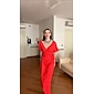 Women's Tencel Linen Orange Red V Neck Shirred Wrap Midi Dress